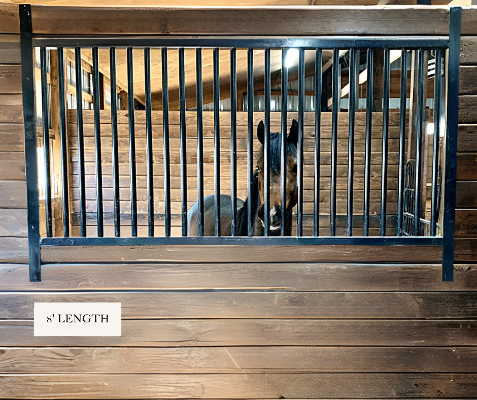 A pony looking through the Horse Stall Grill Divider - 8' Length