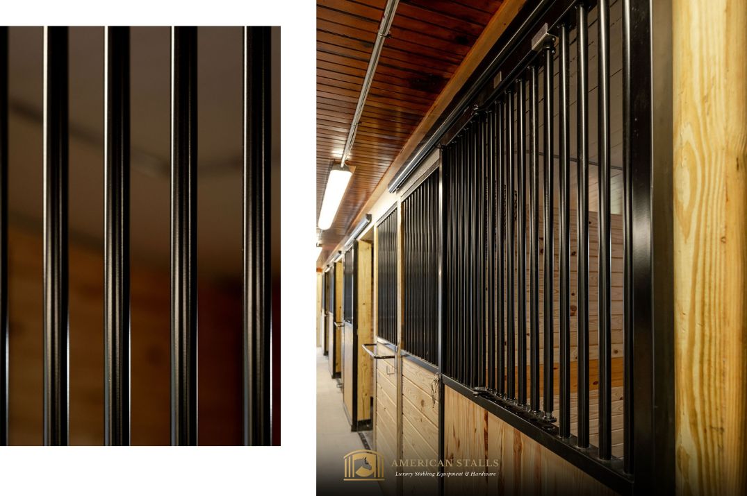 Close up view of Grilled Work. Sliding Horse Stall Fronts with Lumber In-Fill bottom.