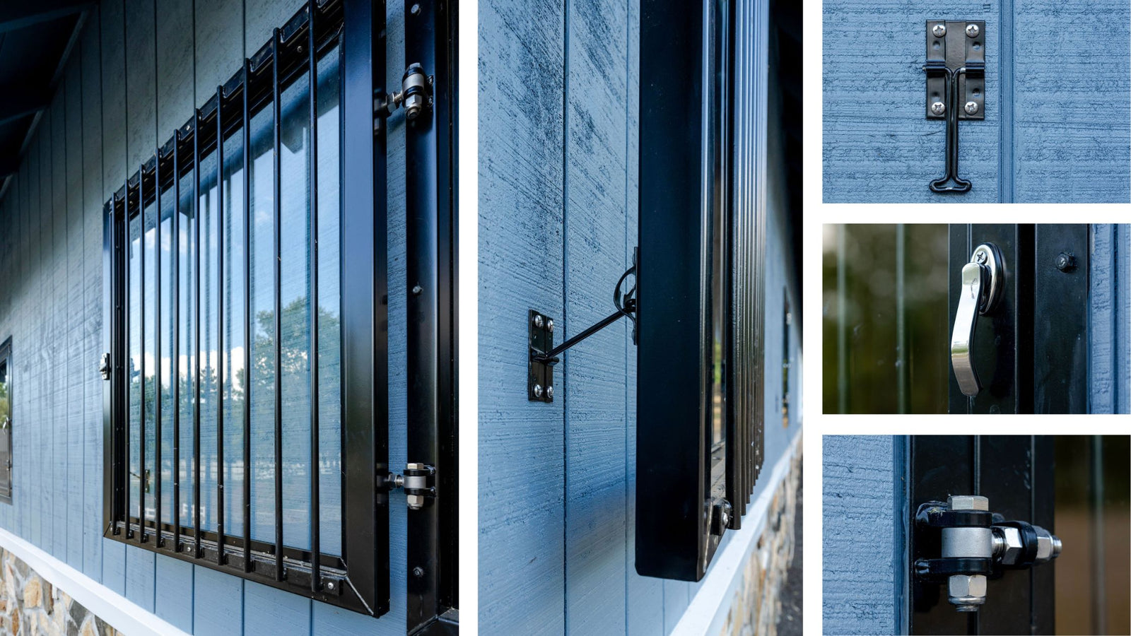 Collage of chestnut barn photo  Featuring Single glass fill-in and grill window. with hardware details.