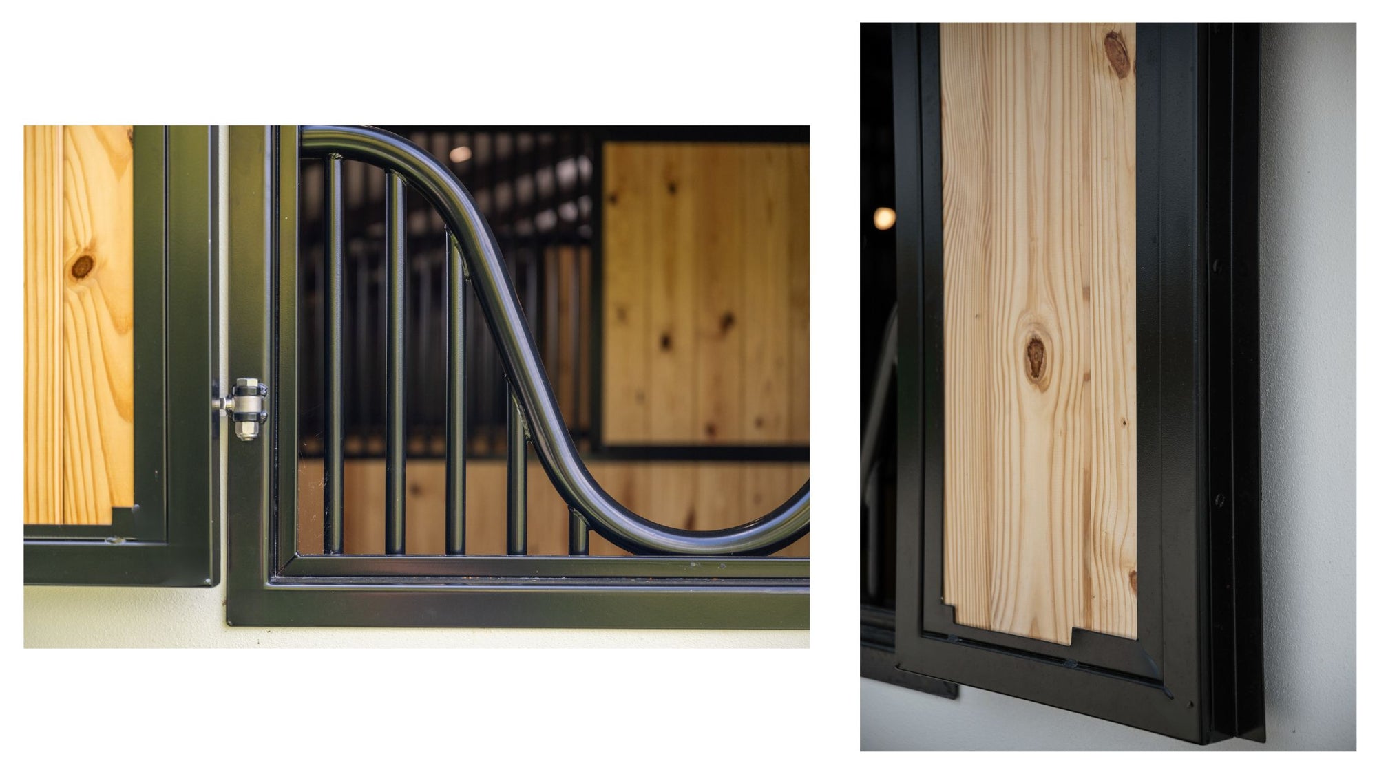 Hinge Shutter Window showing the close-up detail of the stainless-steel Barrel Hinges. with added Yoke Guard window accessory. Vertical filled lumber shutter on a black frame. 