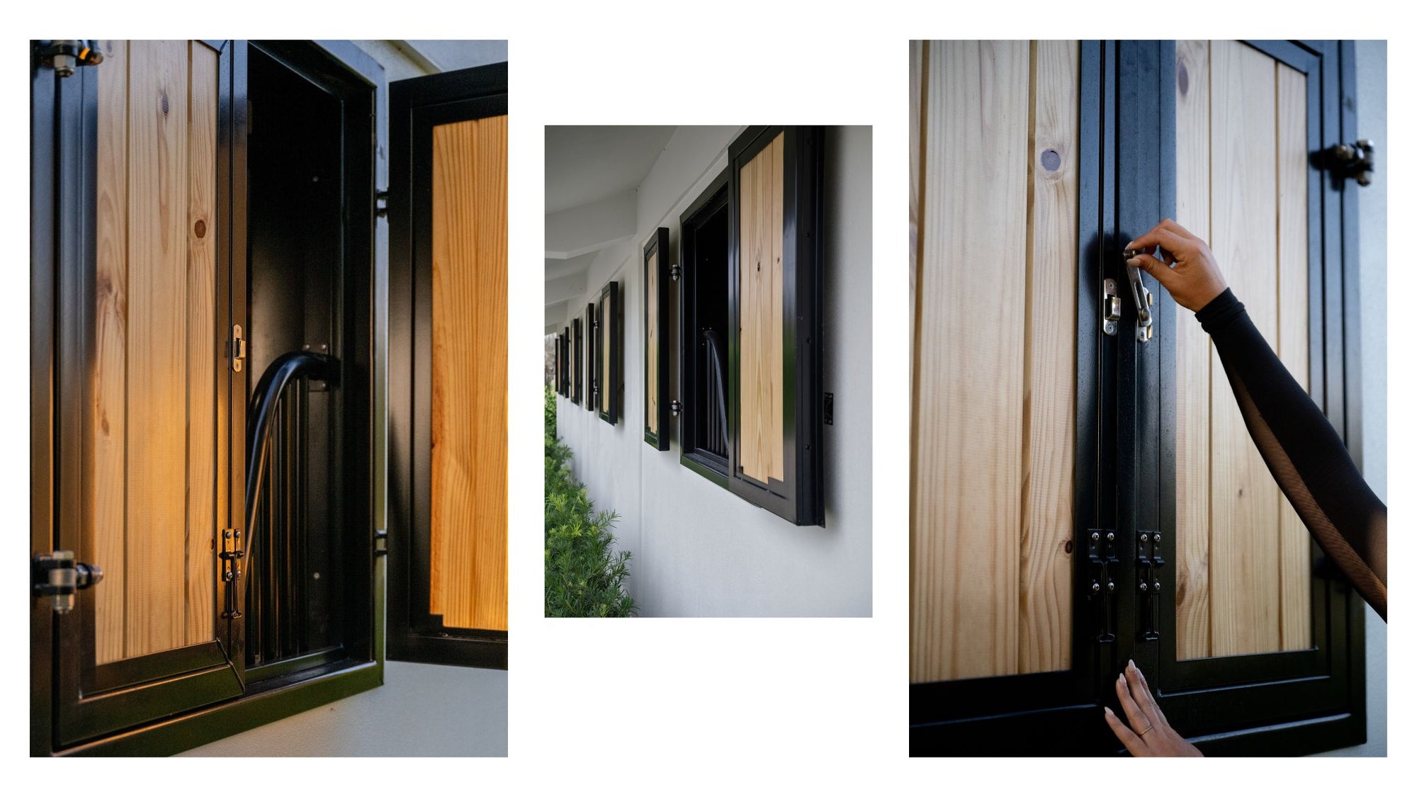 Collage of Hinge Shutter Window with a lock. Exterior view of the barn shutter windows, and a hand opening the back Latch.