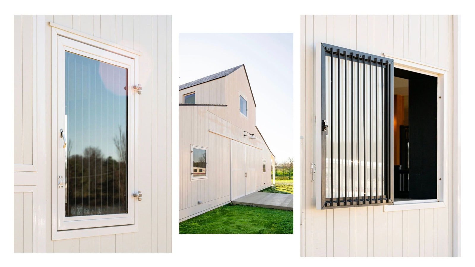 Three images of Sabrina's Barn exterior view. Showing the open and close view of the Hinge Single Pane Glass window and Grill Guard. 